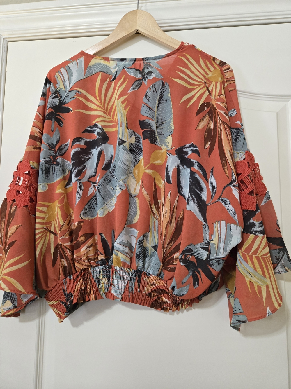 Crochet-Trim Tropical Button-Front Blouse - Rust Floral - Picture 5 of 8